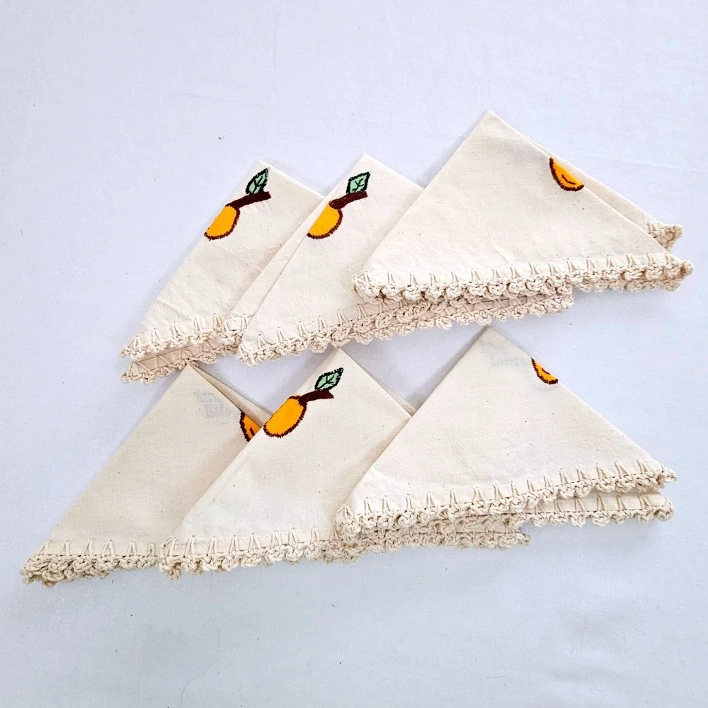 Vintage Embroidered Fruit Round Tablecloth and 6 Napkins Set Crochet Lace Trim